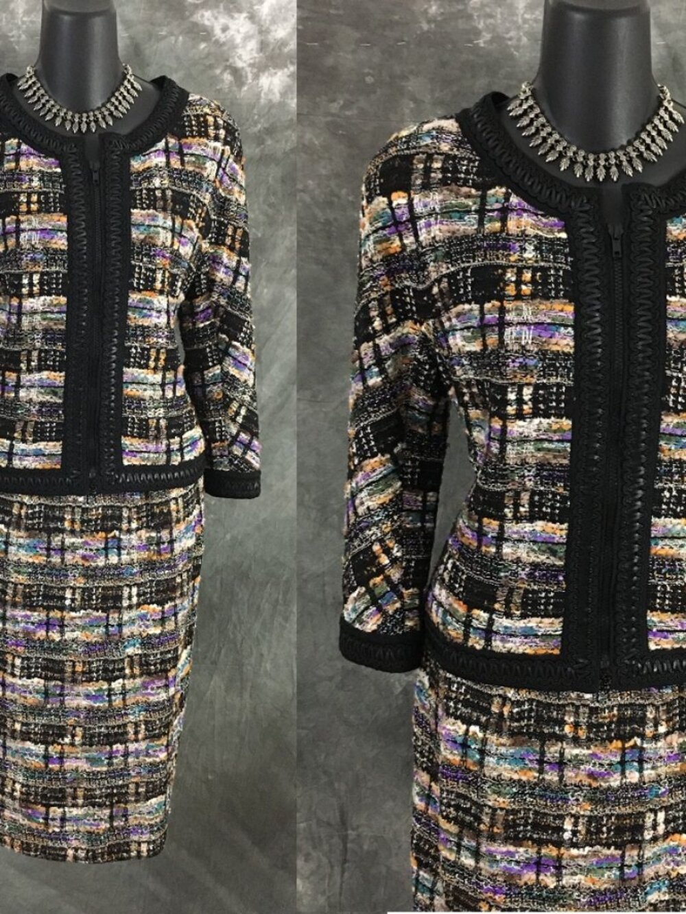 BEAUTIFUL St John couture knit black purple blue multi jacket skirt suit 8 10